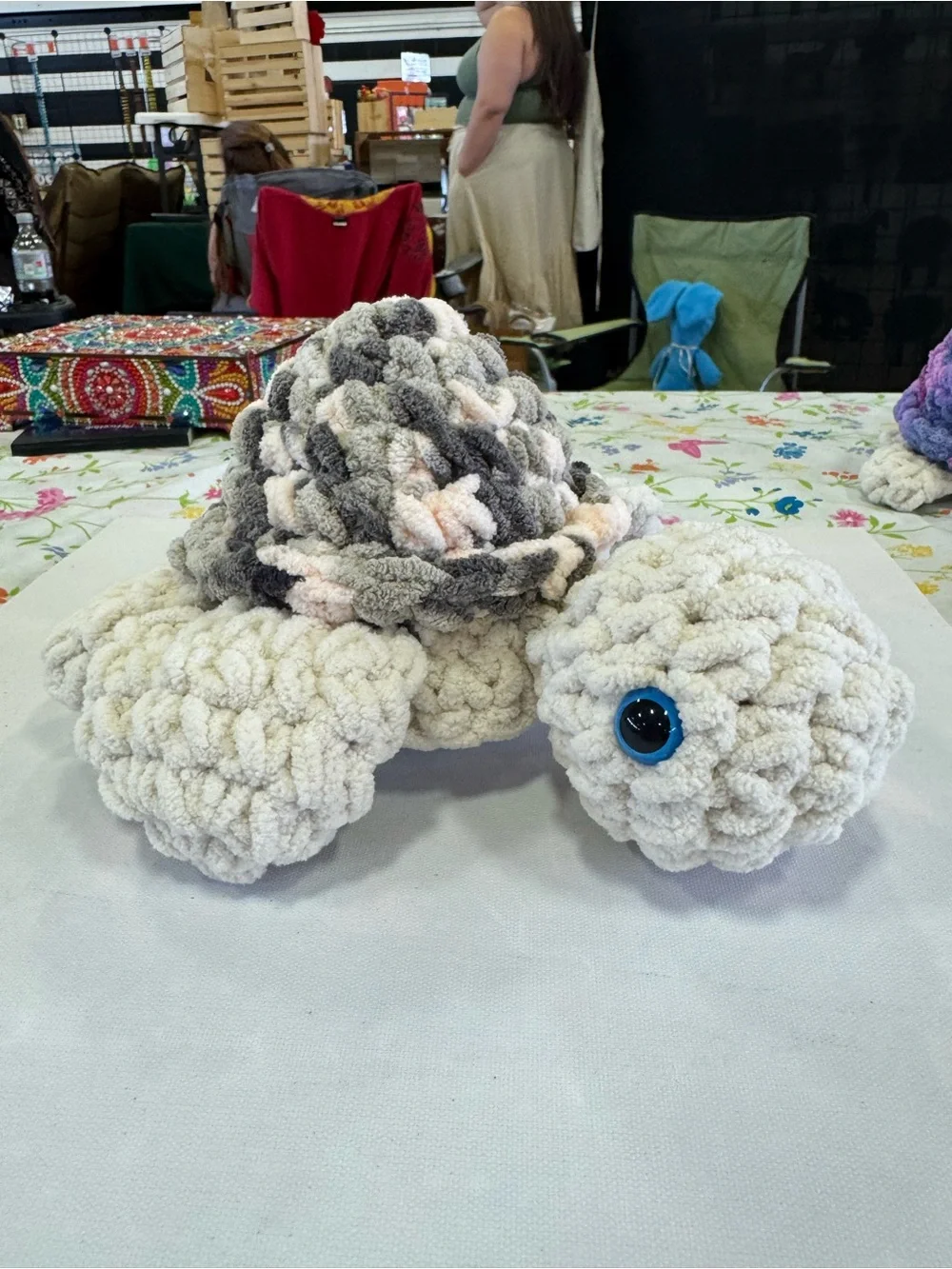 Small Plush Crochet Sea Turtle Toy - Cream and Gray